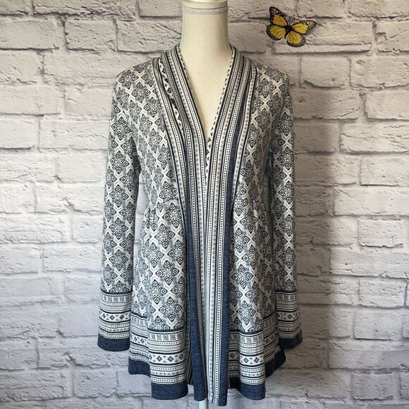 DALIA Blue & White Pattern Open-Front Cardigan, Size Small - Picture 3 of 10